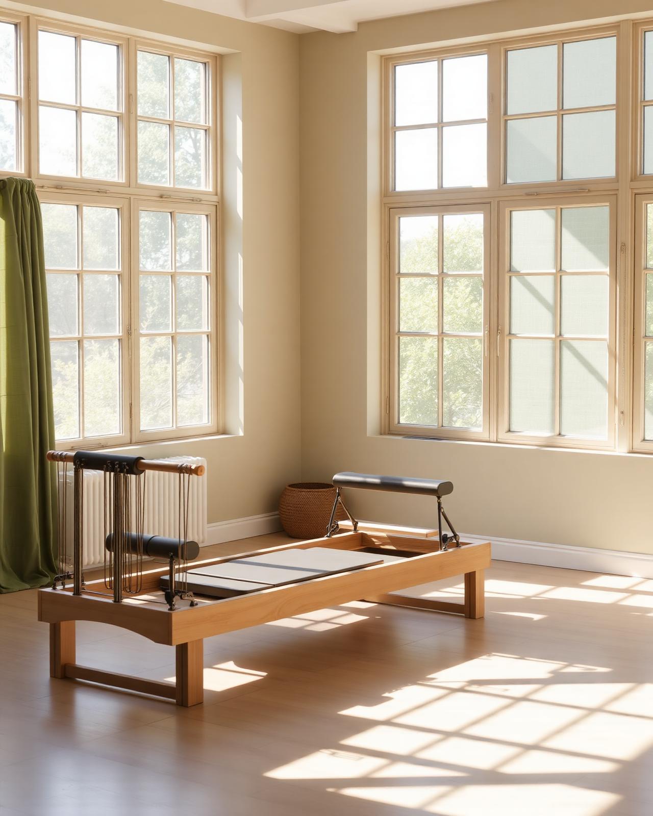 A sunlit minimal Pilates studio with a wooden reformer and sage linen textures